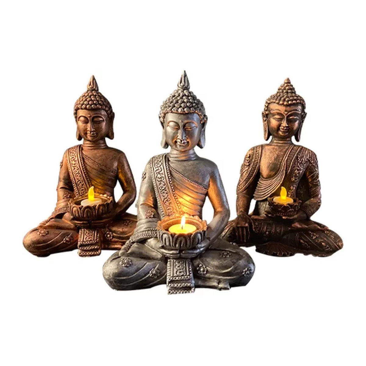 MINIDEAL Buddha Teelichthalter aus Kunstharz in Gold, Silber oder Grau für orientalische Dekoration - Bild 1