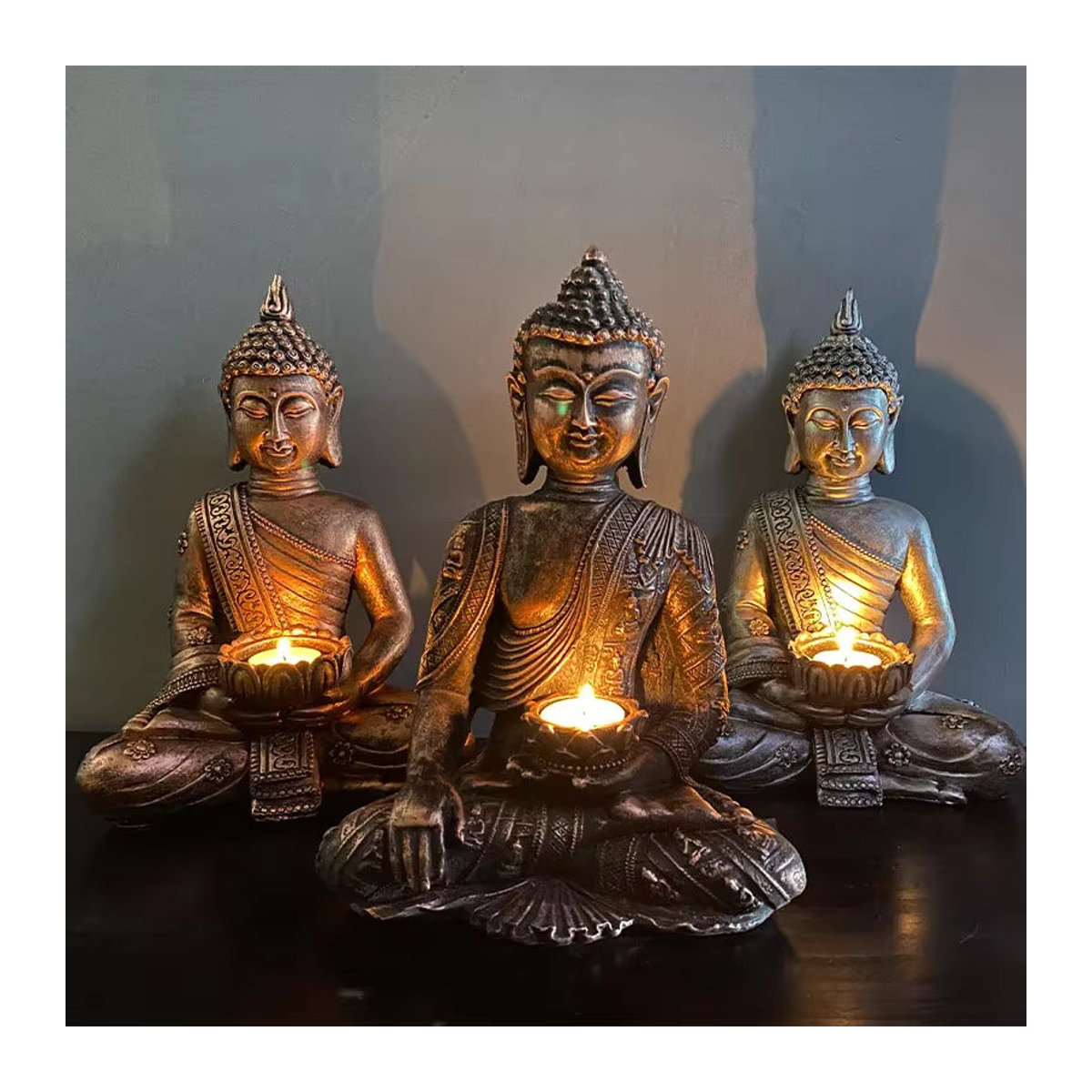 MINIDEAL Buddha Teelichthalter aus Kunstharz in Gold, Silber oder Grau für orientalische Dekoration - Bild 2