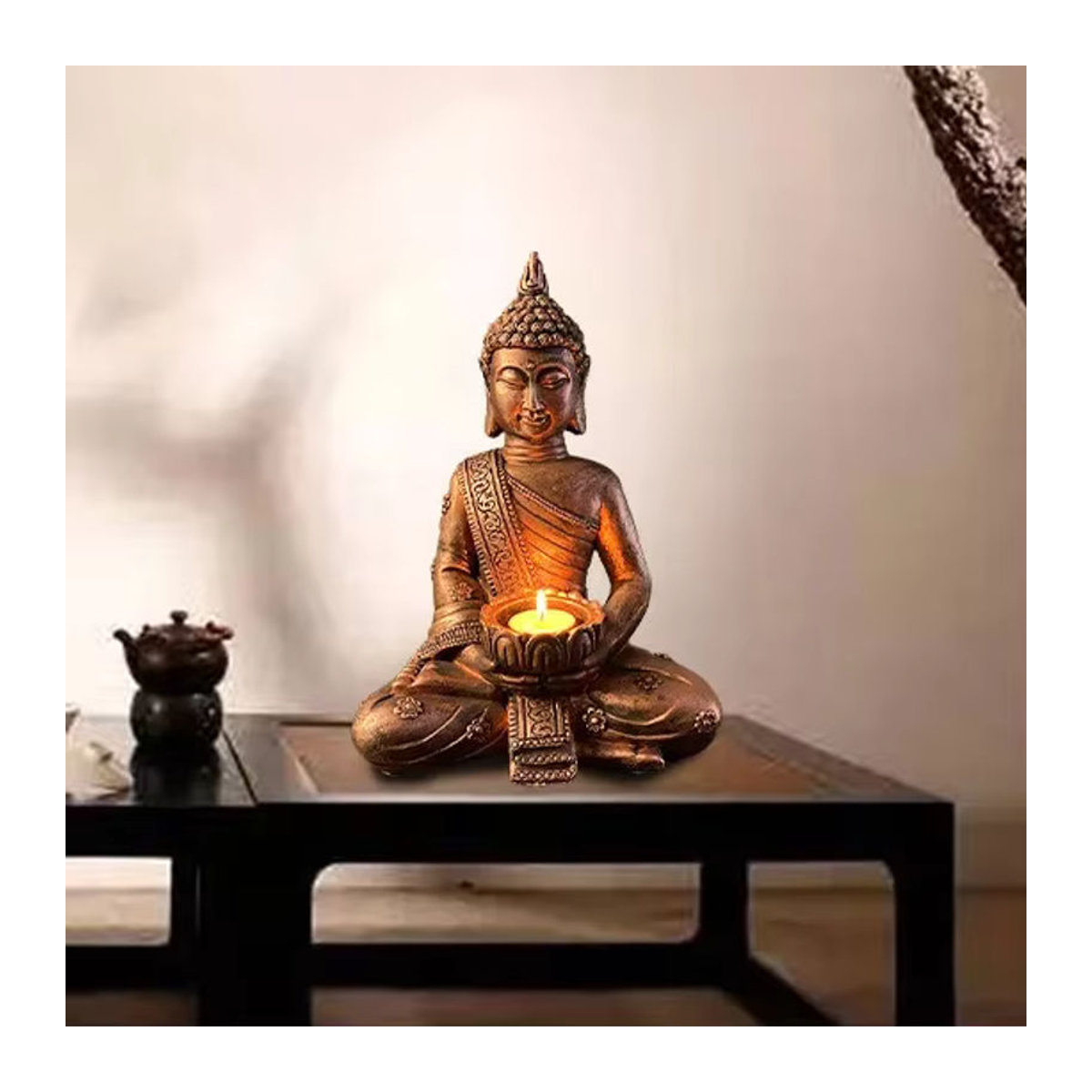 MINIDEAL Buddha Teelichthalter aus Kunstharz in Gold, Silber oder Grau für orientalische Dekoration - Bild 3