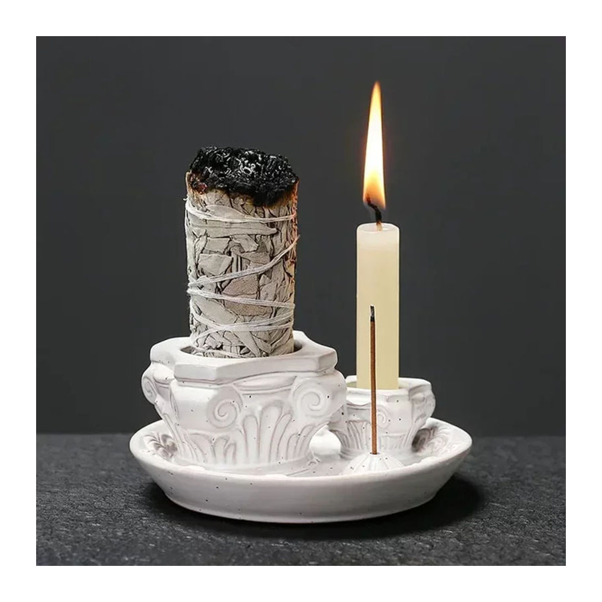 MINIDEAL Keramik-Räucherstäbchenbrenner in Form einer römischen Säule, weiß, handgefertigter Kerzenhalter und Tablett für Palo Santo und Salbei - Bild 1