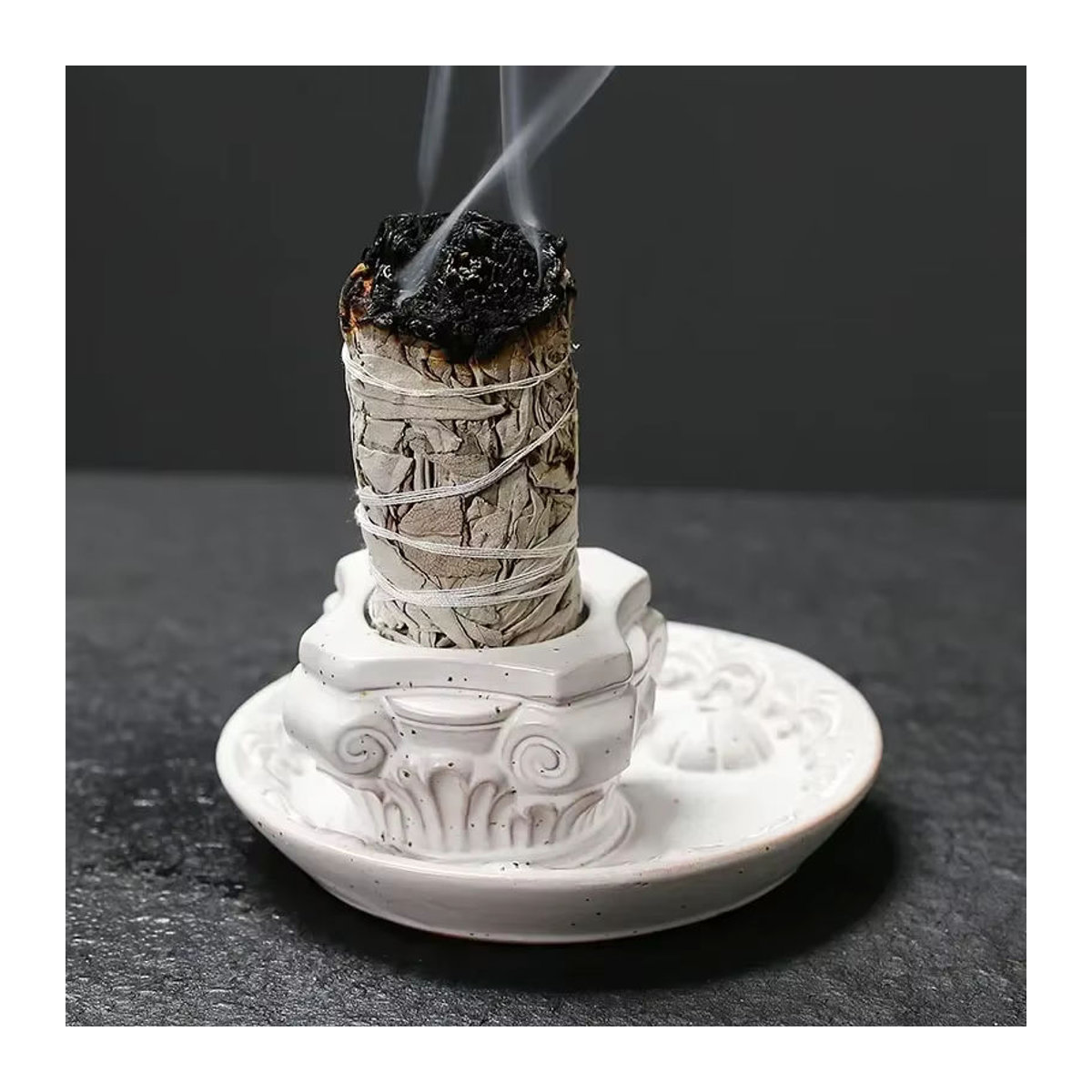 MINIDEAL Keramik-Räucherstäbchenbrenner in Form einer römischen Säule, weiß, handgefertigter Kerzenhalter und Tablett für Palo Santo und Salbei - Bild 2