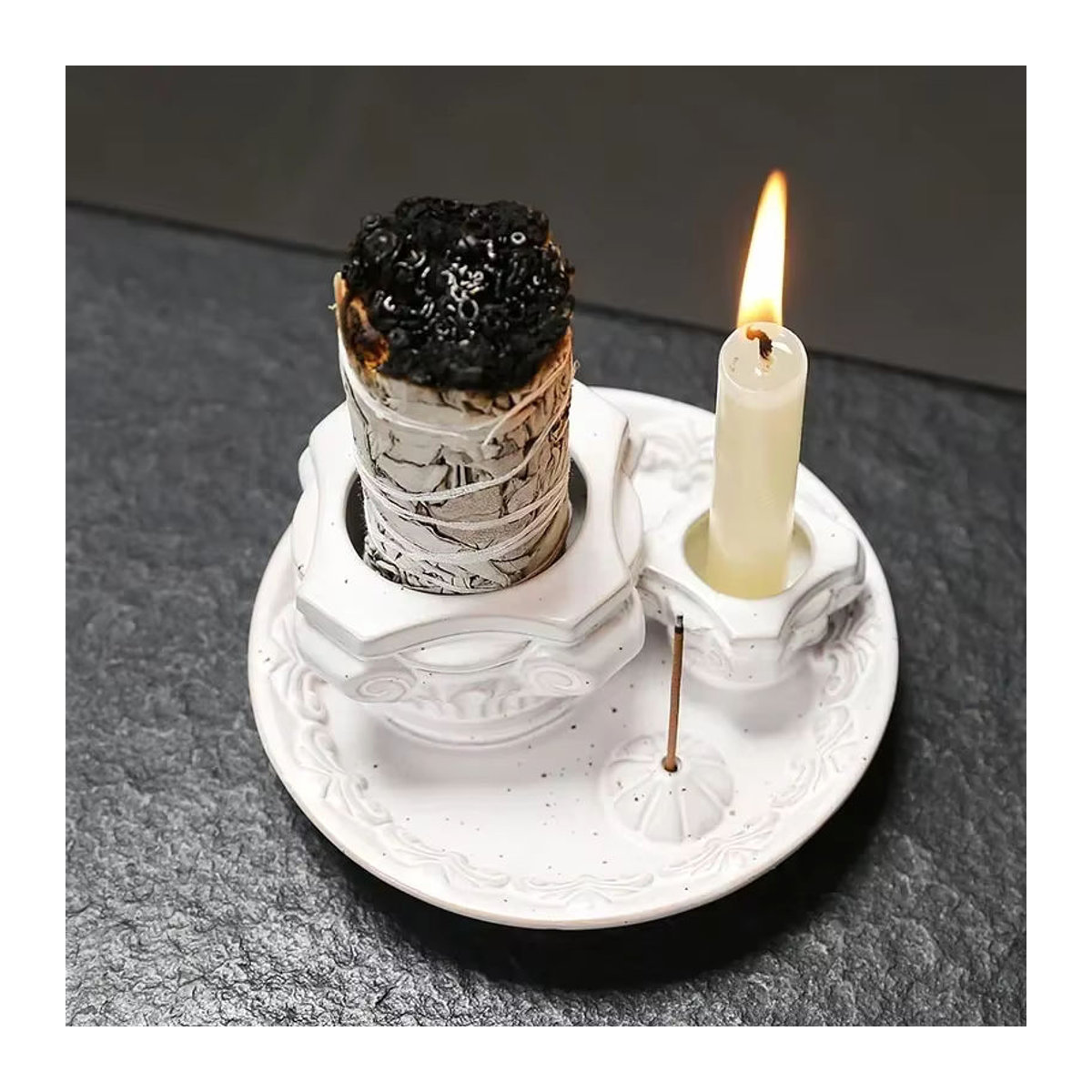 MINIDEAL Keramik-Räucherstäbchenbrenner in Form einer römischen Säule, weiß, handgefertigter Kerzenhalter und Tablett für Palo Santo und Salbei - Bild 4