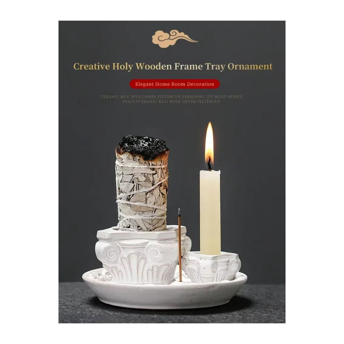 MINIDEAL Keramik-Räucherstäbchenbrenner in Form einer römischen Säule, weiß, handgefertigter Kerzenhalter und Tablett für Palo Santo und Salbei - Bild 6
