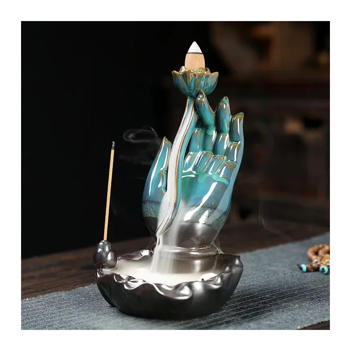 MINIDEAL Keramik Weihrauchbrenner Buddha Hand mit Wasserfall Effekt und Lotus Design in Grün - Bild 1