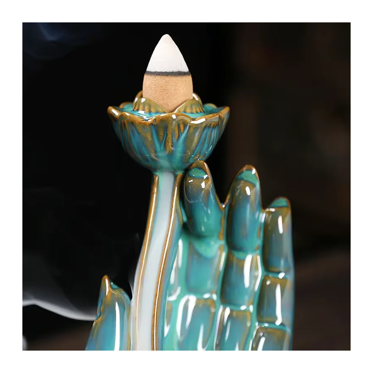 MINIDEAL Keramik Weihrauchbrenner Buddha Hand mit Wasserfall Effekt und Lotus Design in Grün - Bild 2