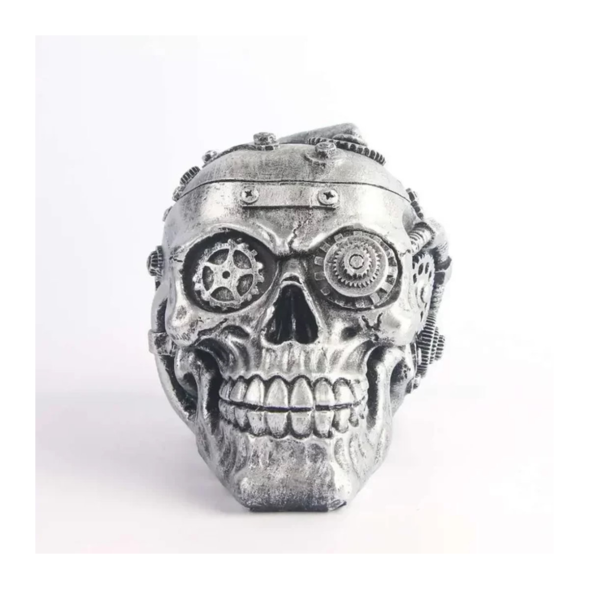 MINIDEAL Mechanische Schädel Statue in Silber aus Kunstharz im Punk-Stil als Deko-Skulptur für Halloween und Home Decor - Bild 1
