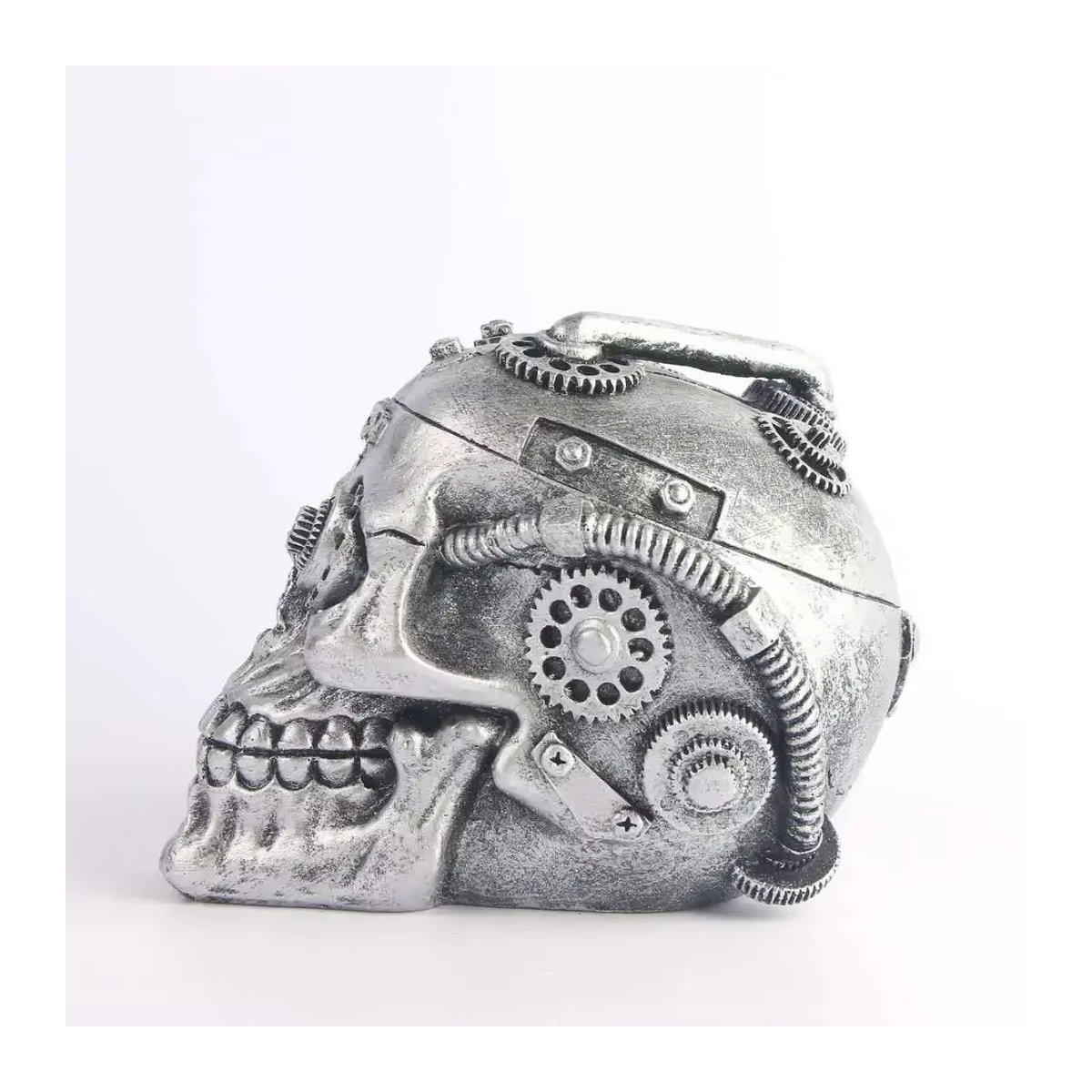 MINIDEAL Mechanische Schädel Statue in Silber aus Kunstharz im Punk-Stil als Deko-Skulptur für Halloween und Home Decor - Bild 2