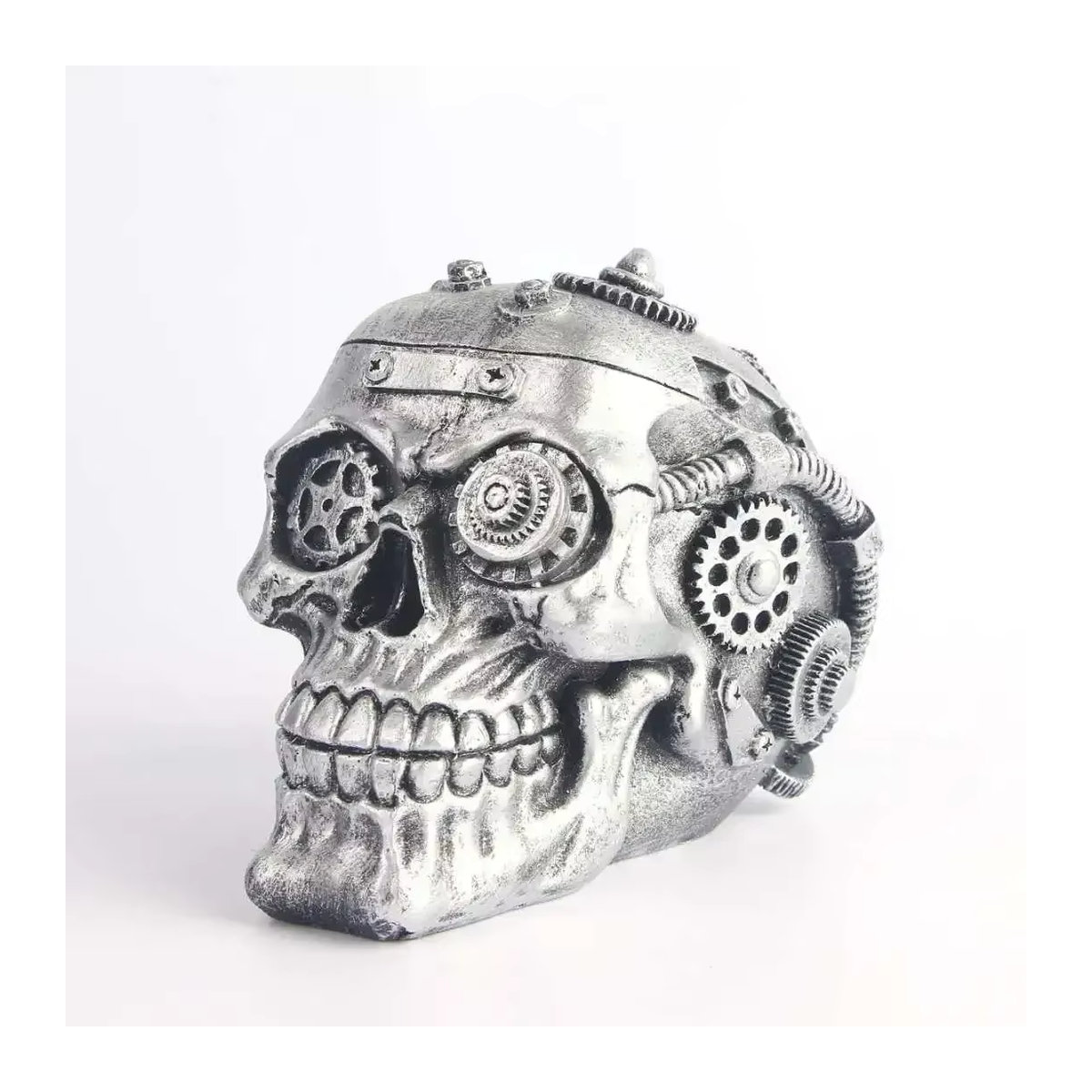 MINIDEAL Mechanische Schädel Statue in Silber aus Kunstharz im Punk-Stil als Deko-Skulptur für Halloween und Home Decor - Bild 3
