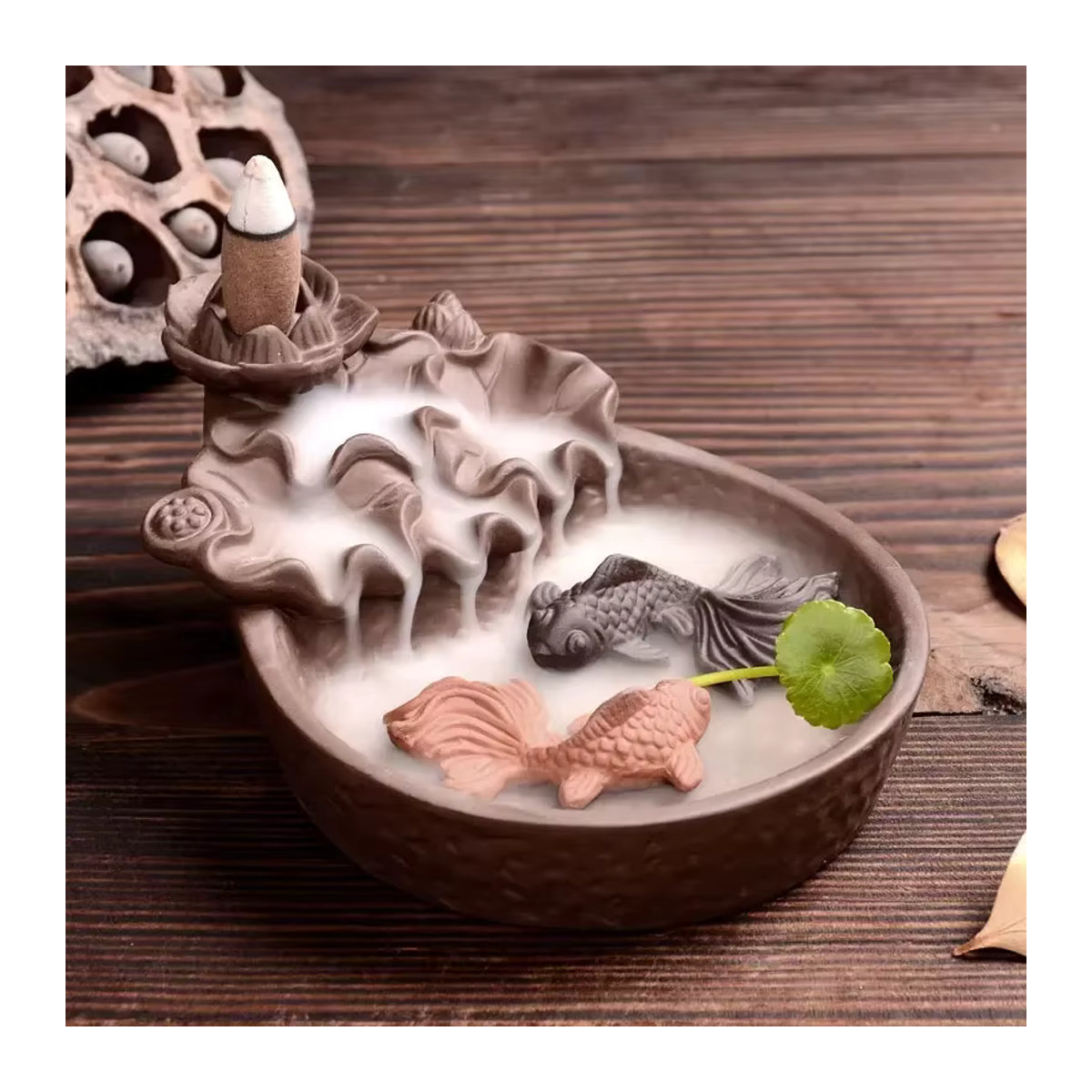 MINIDEAL Rückfluss-Räuchergefäß aus Keramik in Braun mit Lotus- und Fischteich-Design für deine Heimdekoration - Bild 4