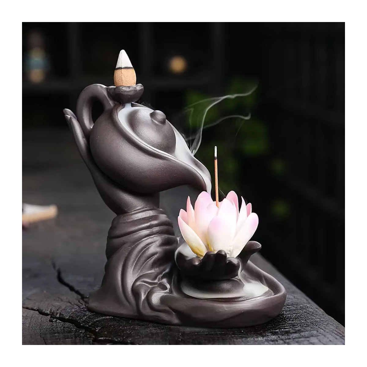 MINIDEAL Rückfluss-Räuchergefäß Buddha mit Lotus-Design aus Keramik in Lila und Schwarz - Bild 4