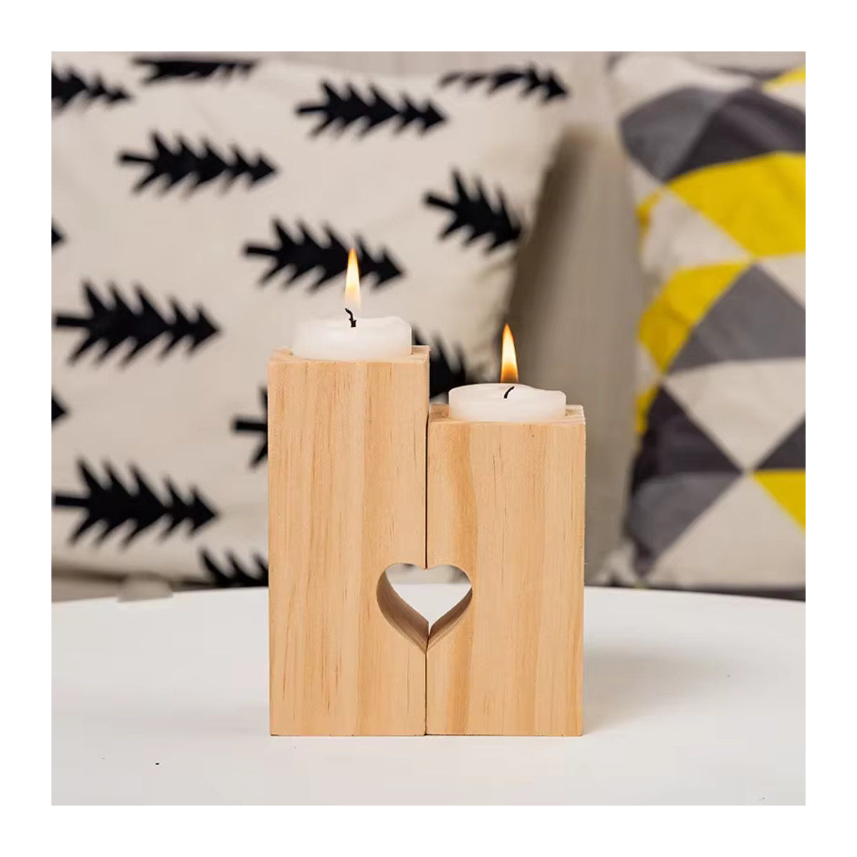 MINIDEAL Teelichthalter aus Holz in Braun, 2er-Set Herz-Kerzenständer für romantische Dekoration im skandinavischen Stil - Bild 3