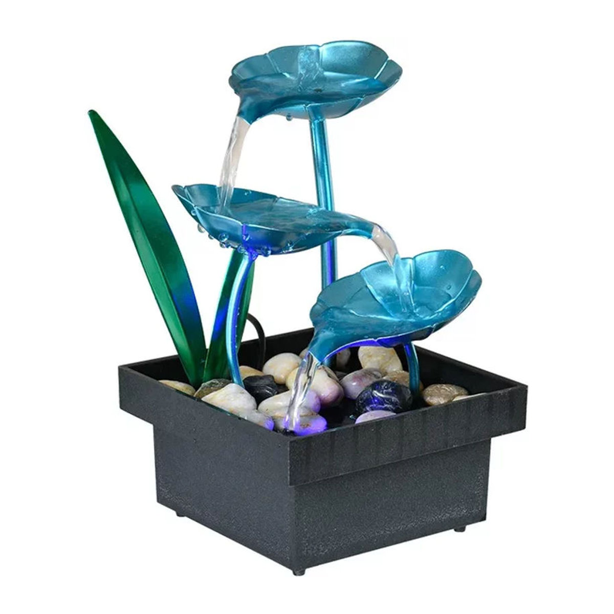 MINIDEAL Tischbrunnen mit LED-Beleuchtung in Blau, 3-stöckiger Wasserfall aus Polyresin mit floralem Lotusblatt-Design zur Dekoration - Bild 1