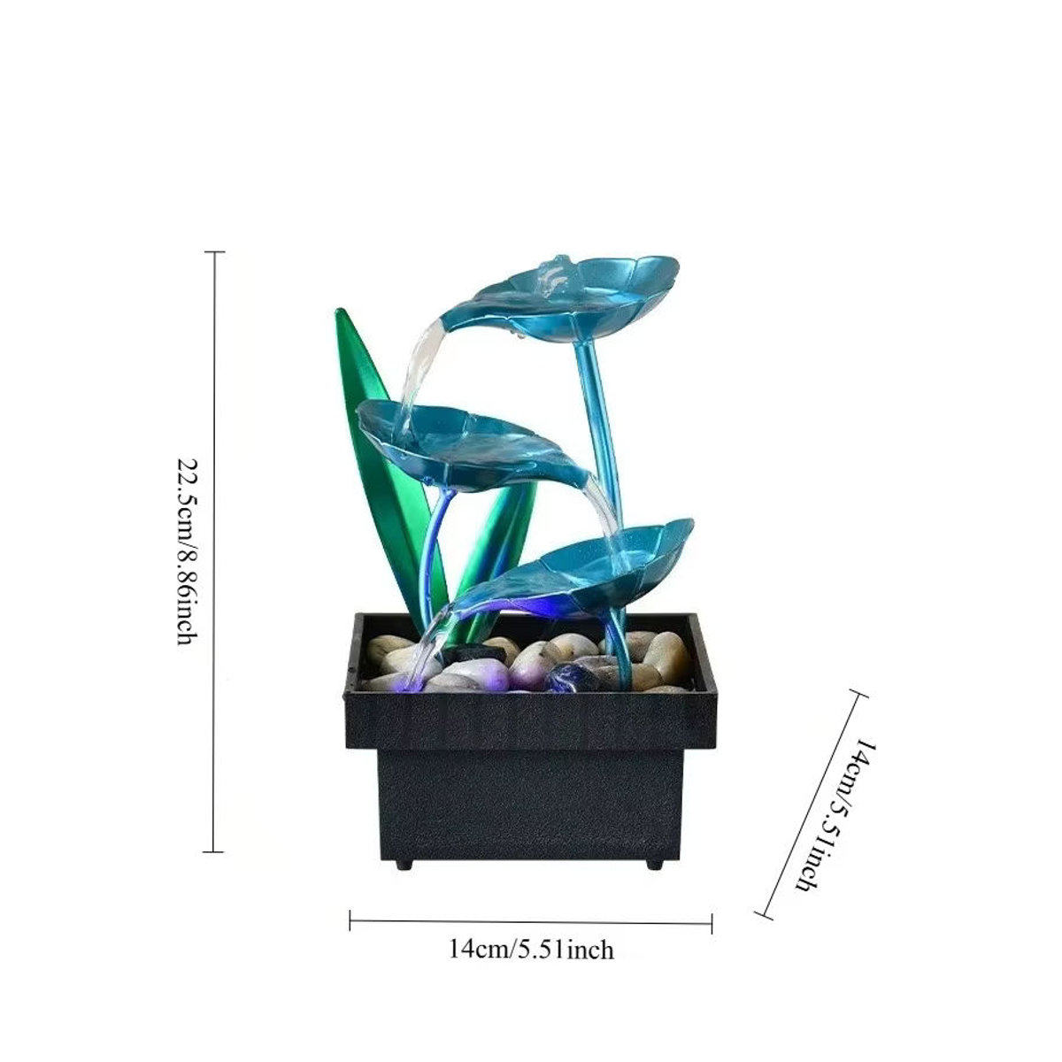MINIDEAL Tischbrunnen mit LED-Beleuchtung in Blau, 3-stöckiger Wasserfall aus Polyresin mit floralem Lotusblatt-Design zur Dekoration - Bild 6