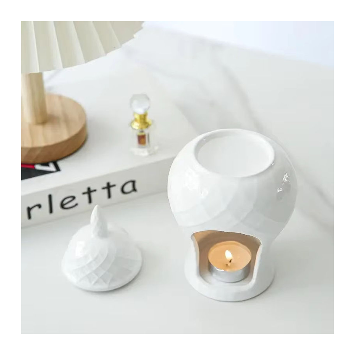 Minimalistische Keramik-Aromatherapie-Lampe in Weiß für Teelicht und Weihrauch zur Dekoration - Bild 3