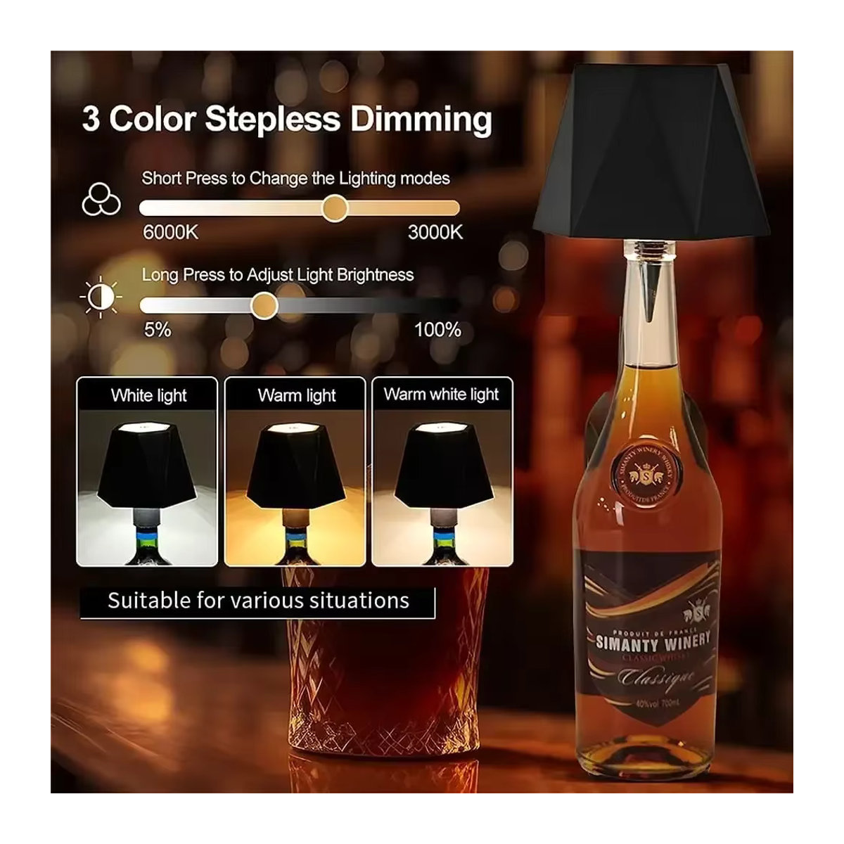 Minimalistische LED Drahtlose Weinflaschen Tischlampe aus Glas mit Touch-Funktion in Schwarz oder Weiß - Bild 2