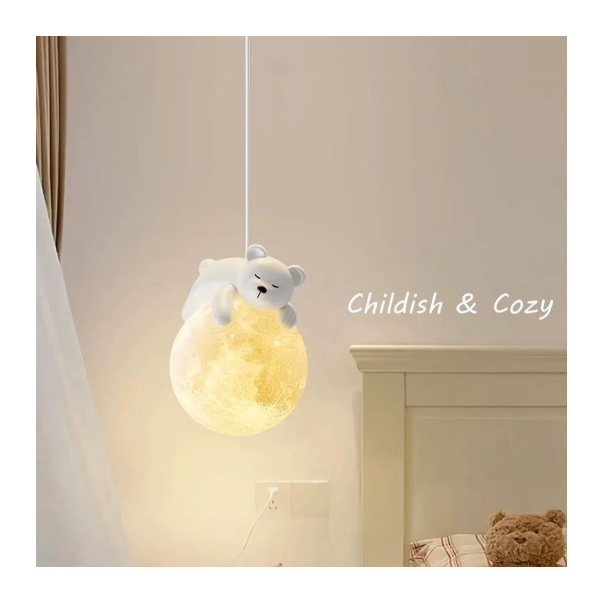 Minimalistische LED Pendelleuchte Kleiner Bär in Weiß für das Kinderzimmer im skandinavischen Design - Bild 1