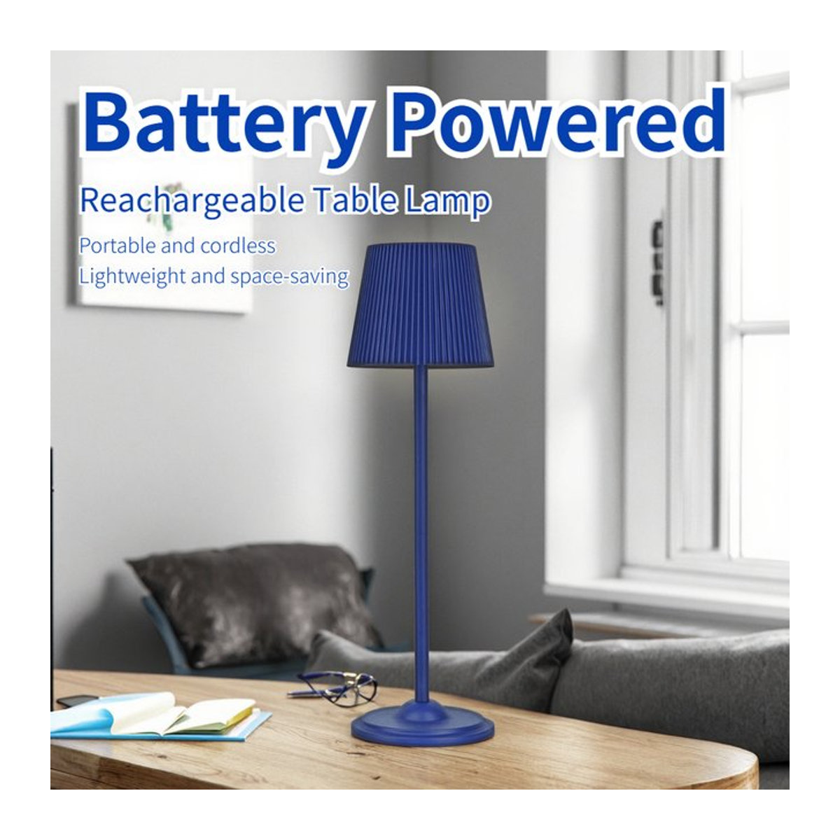Minimalistische LED Tischlampe in Blau mit Touch-Funktion und USB-Ladeport, wiederaufladbar und kabellos - Bild 1