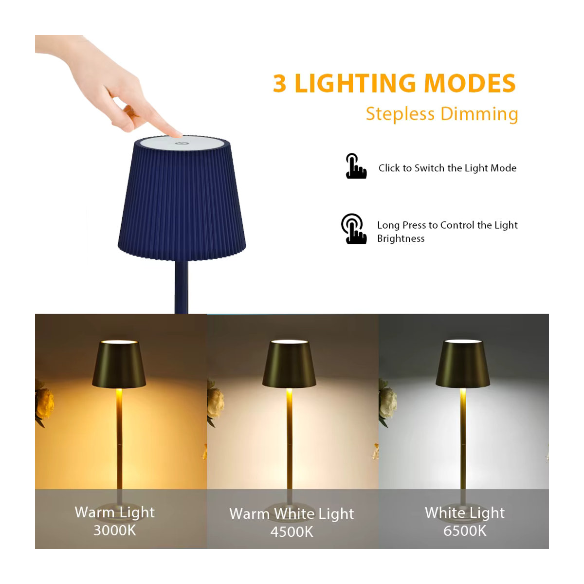 Minimalistische LED Tischlampe in Blau mit Touch-Funktion und USB-Ladeport, wiederaufladbar und kabellos - Bild 5