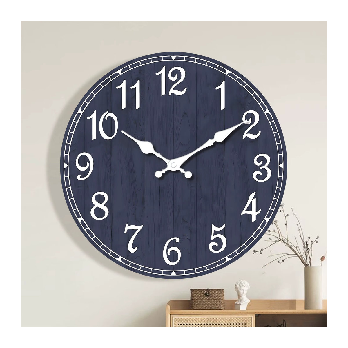 Minimalistische runde Wanduhr aus Holz mit abstraktem blau-lila Design für Wohnzimmer und Schlafzimmer - Bild 2