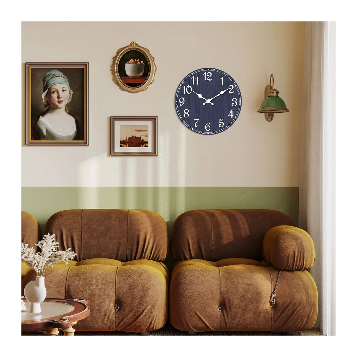 Minimalistische runde Wanduhr aus Holz mit abstraktem blau-lila Design für Wohnzimmer und Schlafzimmer - Bild 4