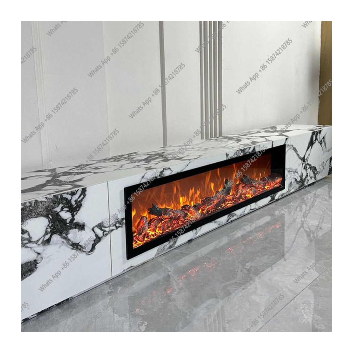Minimalistische Stein-TV-Konsole mit Kamin in Weiß und Marmor-Optik - Bild 1