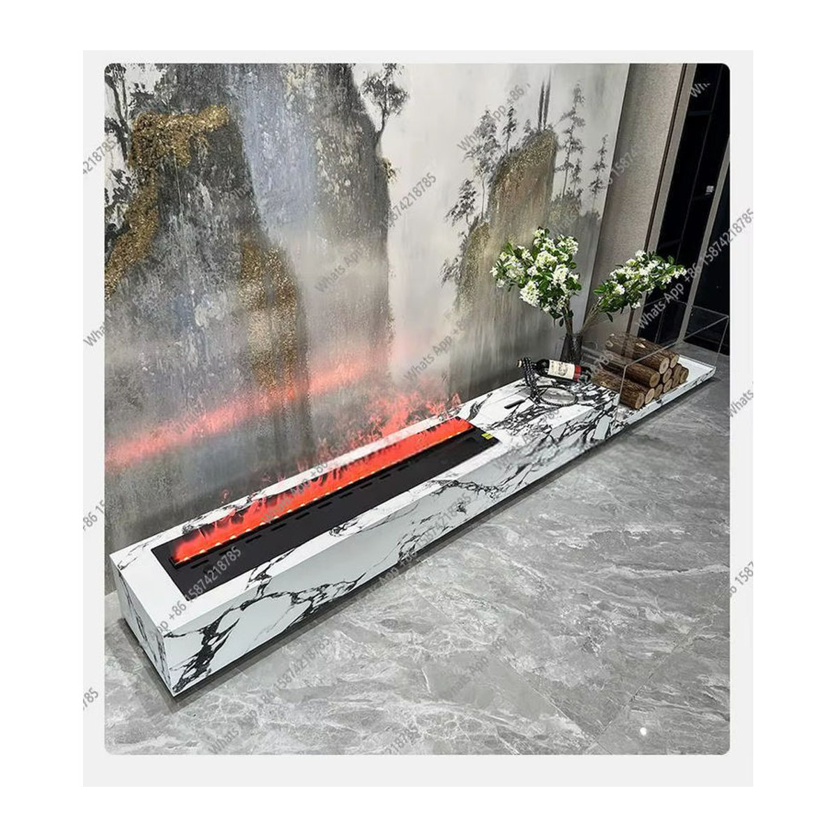 Minimalistische Stein-TV-Konsole mit Kamin in Weiß und Marmor-Optik - Bild 4