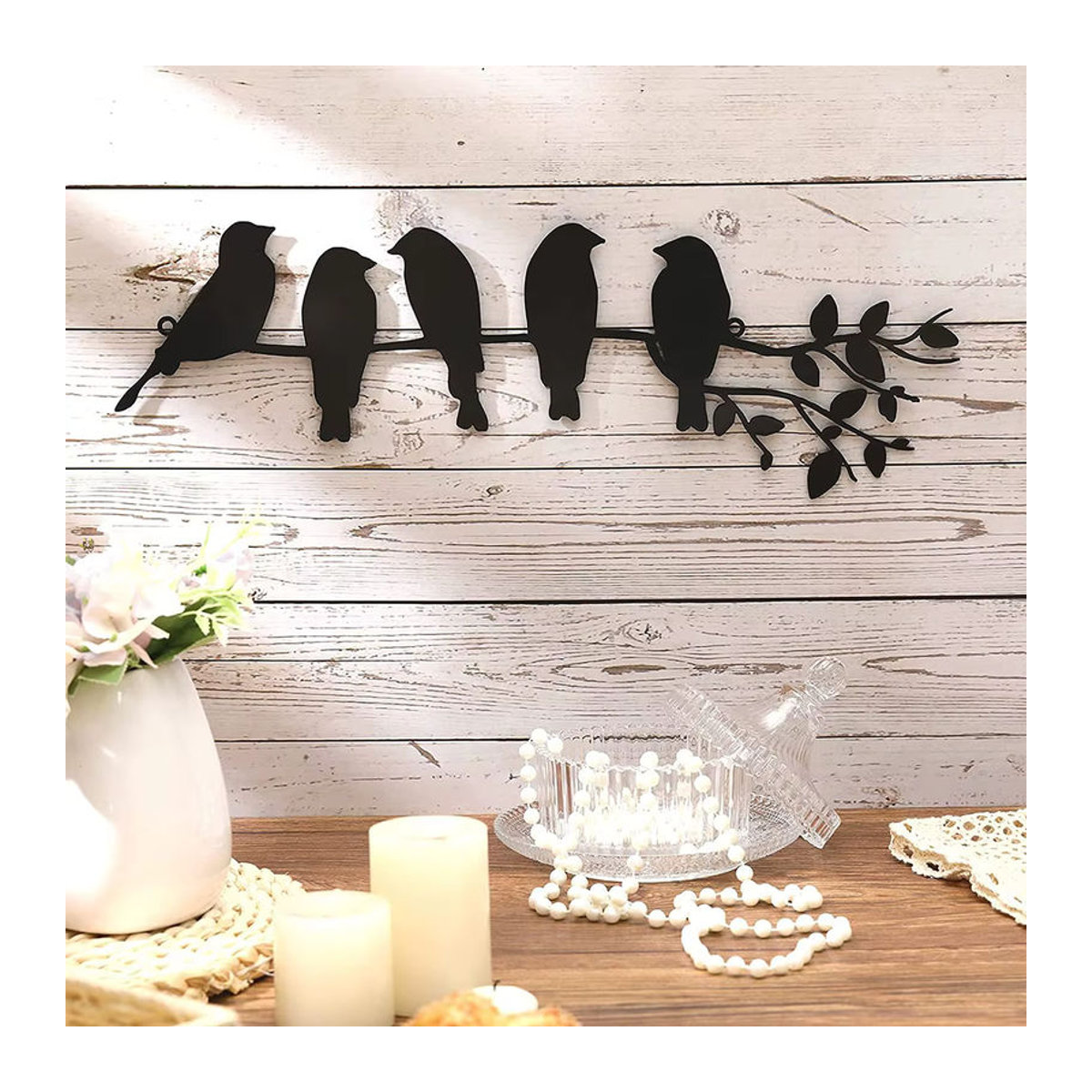 Minimalistische Wanddekoration aus Metall mit Vogel-Silhouetten und Blättern in Schwarz - Bild 5