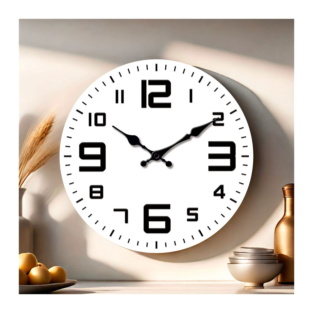 Minimalistische Wanduhr aus Holz in Schwarz-Weiß mit unregelmäßigen Ziffern und geräuschlosem Analog-Uhrwerk - Bild 2