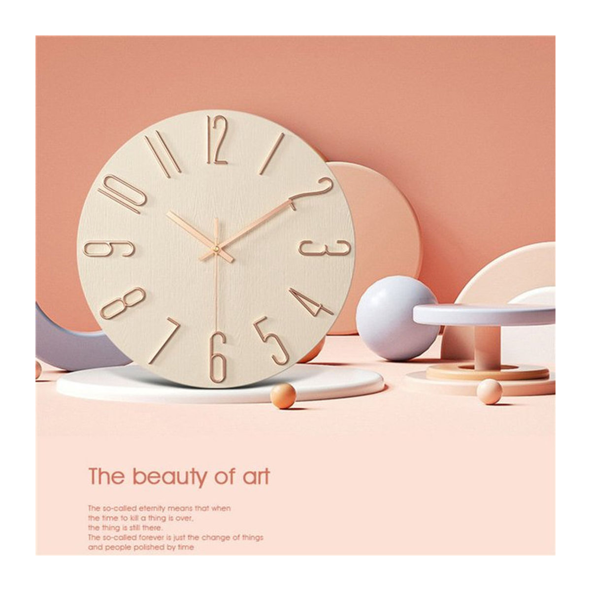 Minimalistische Wanduhr im nordischen Stil aus Kunststoff, Beige und Gold, Transparent, Durchmesser: 30 cm - Bild 1