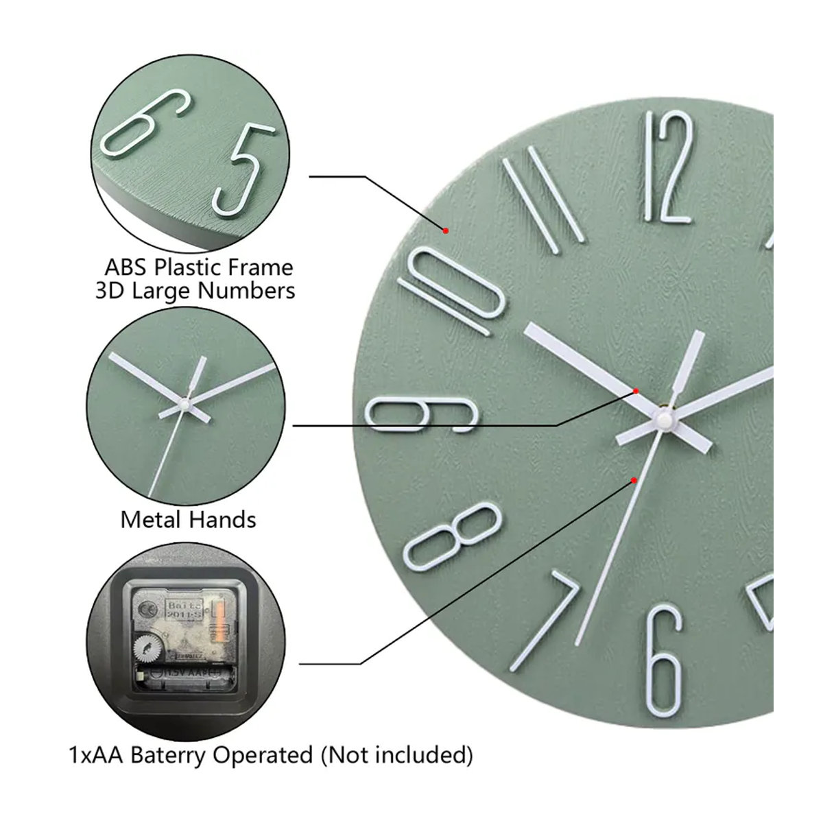 Minimalistische Wanduhr von p.chuang in Schwarz oder Weiß, rund, analog mit geräuschlosem Uhrwerk und 3D-Zahlen, Durchmesser: 30,48 cm - Bild 2