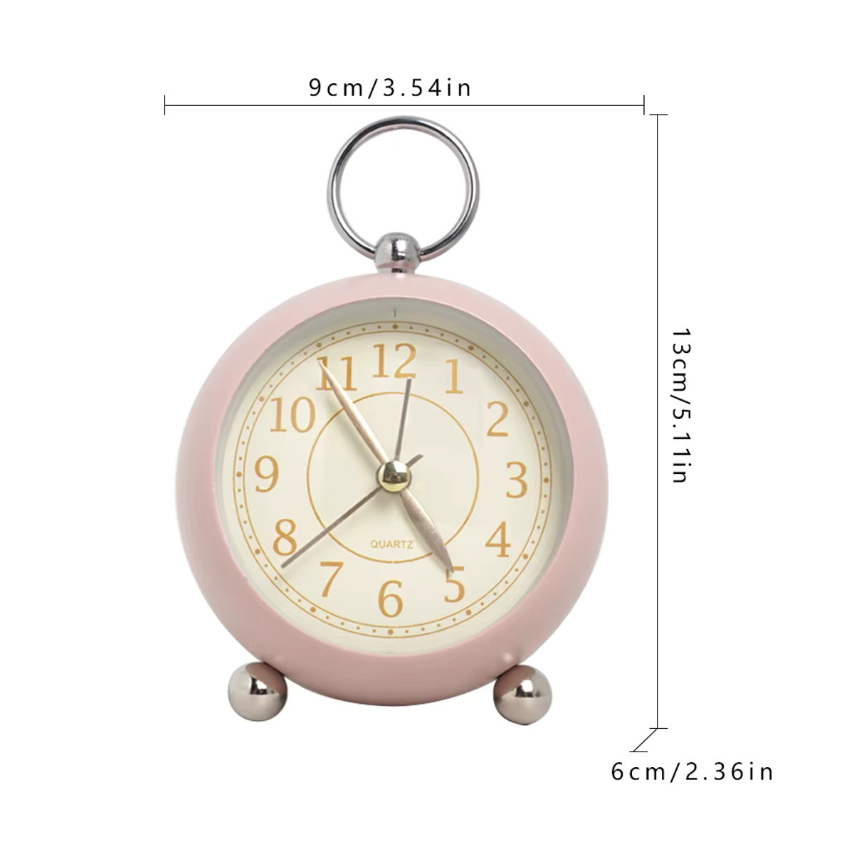 Minimalistischer analoger Quarz-Wecker aus Metall in Rosa oder Beige mit Beleuchtung und geräuschlosem Betrieb - Bild 2