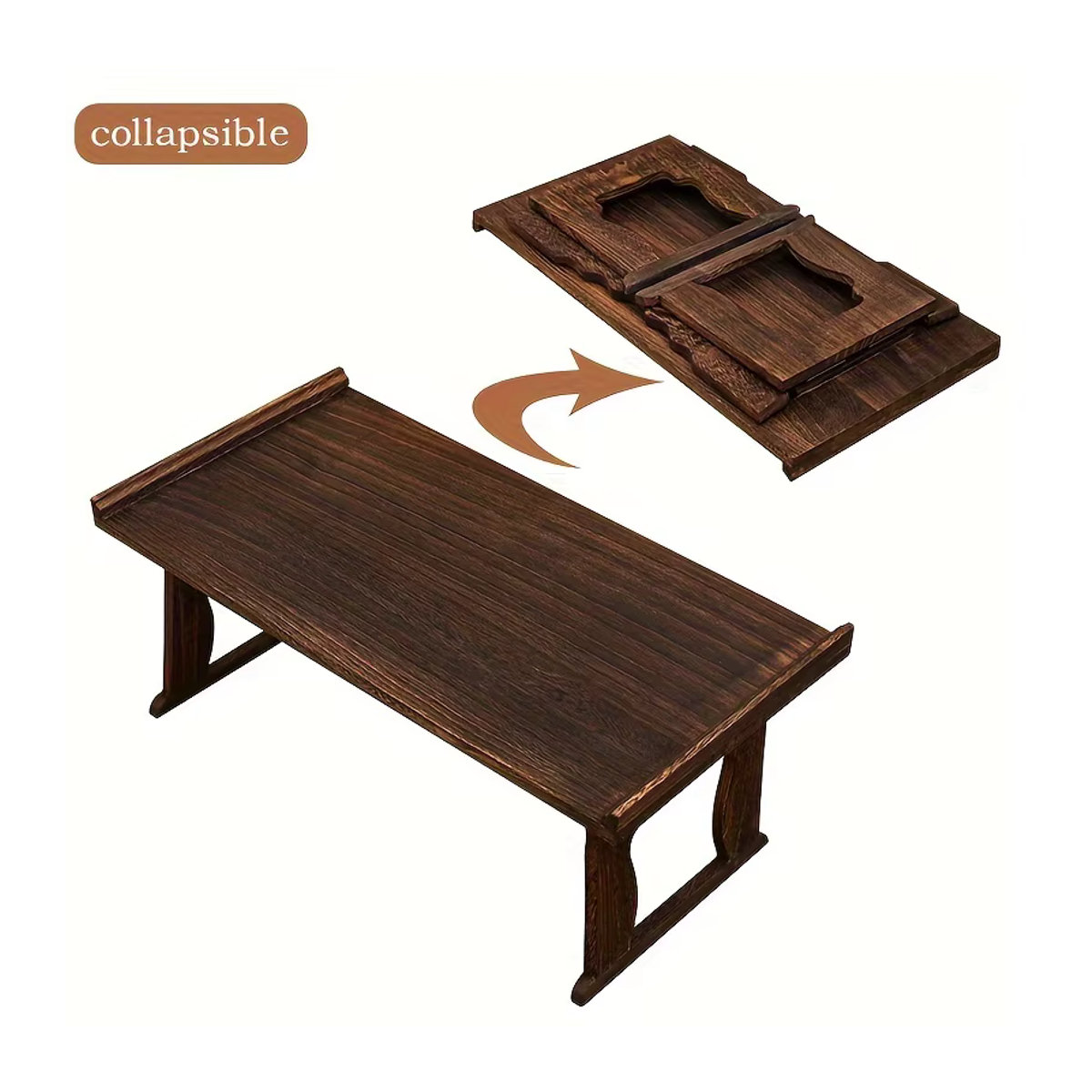 Minimalistischer Couchtisch aus Holz in Nussbaum Braun, rechteckiger japanischer Beistelltisch mit faltbaren Beinen - Bild 2