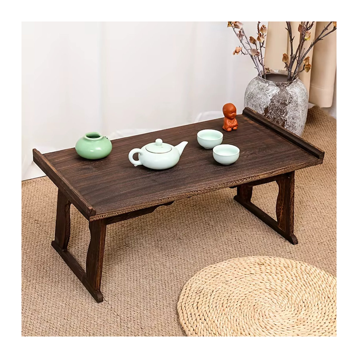 Minimalistischer Couchtisch aus Holz in Nussbaum Braun, rechteckiger japanischer Beistelltisch mit faltbaren Beinen - Bild 3