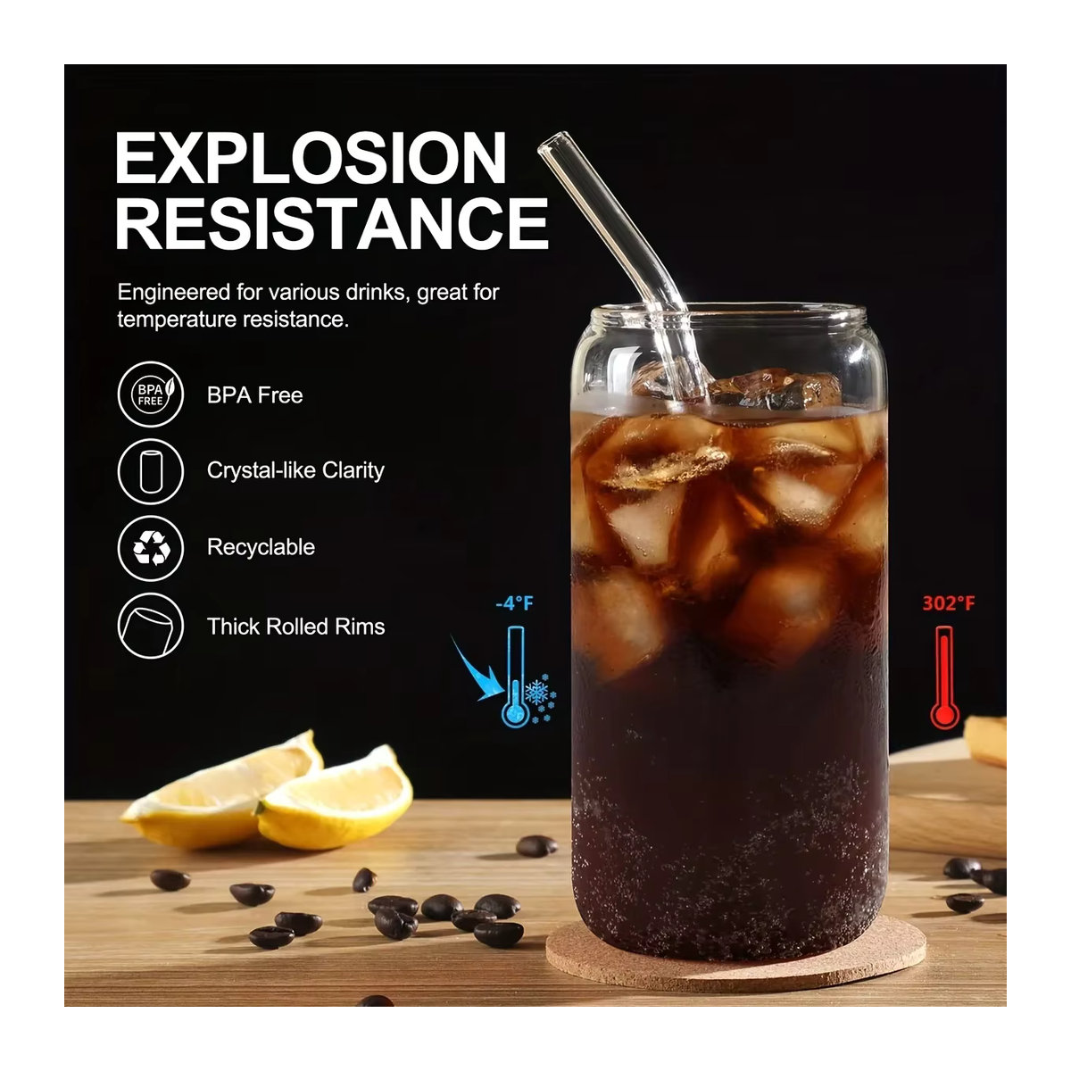 Minimalistischer Glasbecher in Bierdosenform mit Bambusdeckel und Glasstrohhalm, transparent und Natur - Bild 5