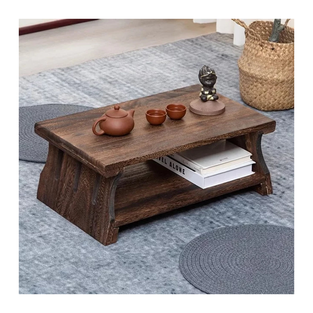 Minimalistischer Japanischer Teetisch aus Massivholz in Braun, Rechteckiger Couchtisch im Zen-Stil - Bild 1