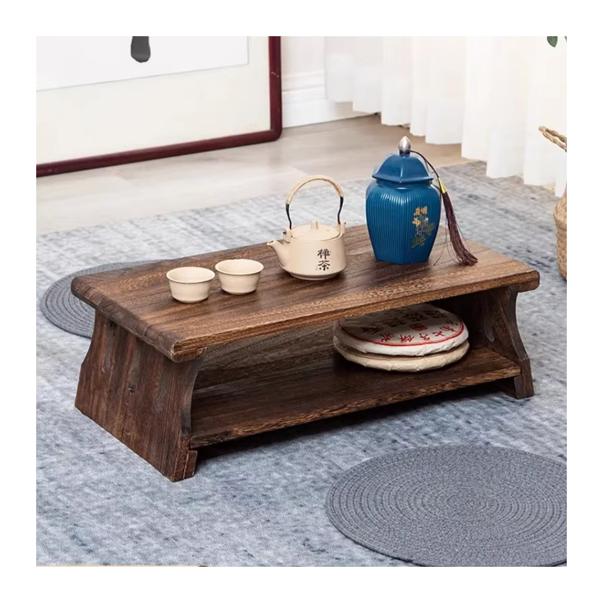 Minimalistischer Japanischer Teetisch aus Massivholz in Braun, Rechteckiger Couchtisch im Zen-Stil - Bild 3