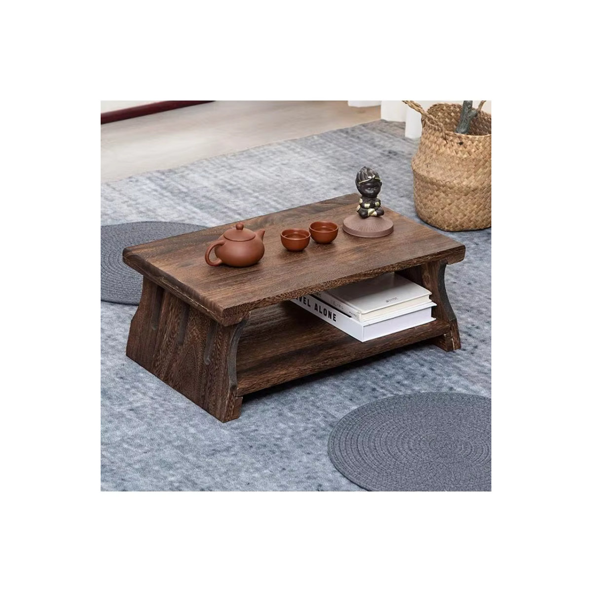 Minimalistischer Japanischer Teetisch aus Massivholz in Braun, Rechteckiger Couchtisch im Zen-Stil - Bild 4