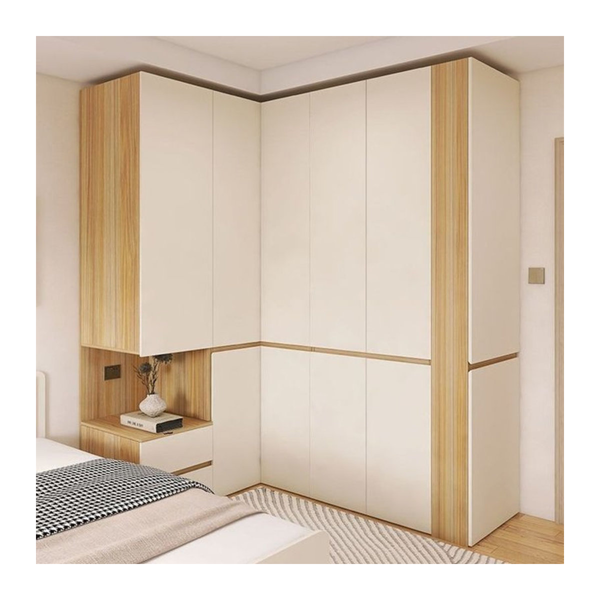 Minimalistischer L-förmiger Eckschrank mit Nachttisch für das Schlafzimmer in Weiß, B/T/H: 80 x 80 x 240 cm, rechte Eckkombination - Bild 1
