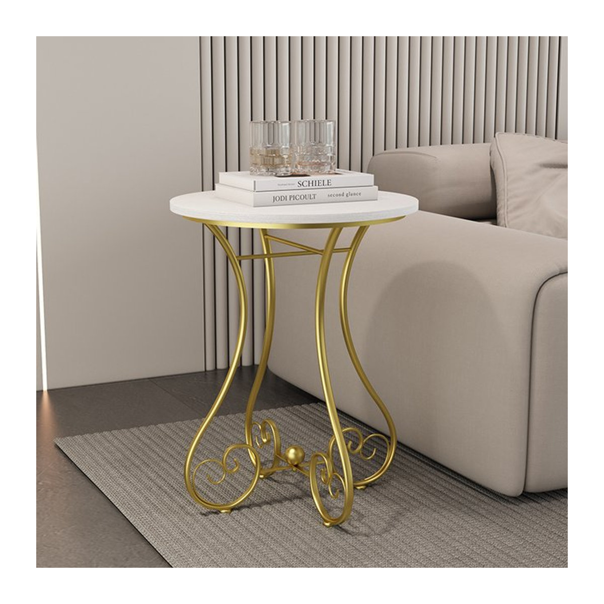 Minimalistischer runder Beistelltisch aus Eisen und Holz in Schwarz oder Gold, Durchmesser: 40 cm, Höhe: 55 cm - Bild 1