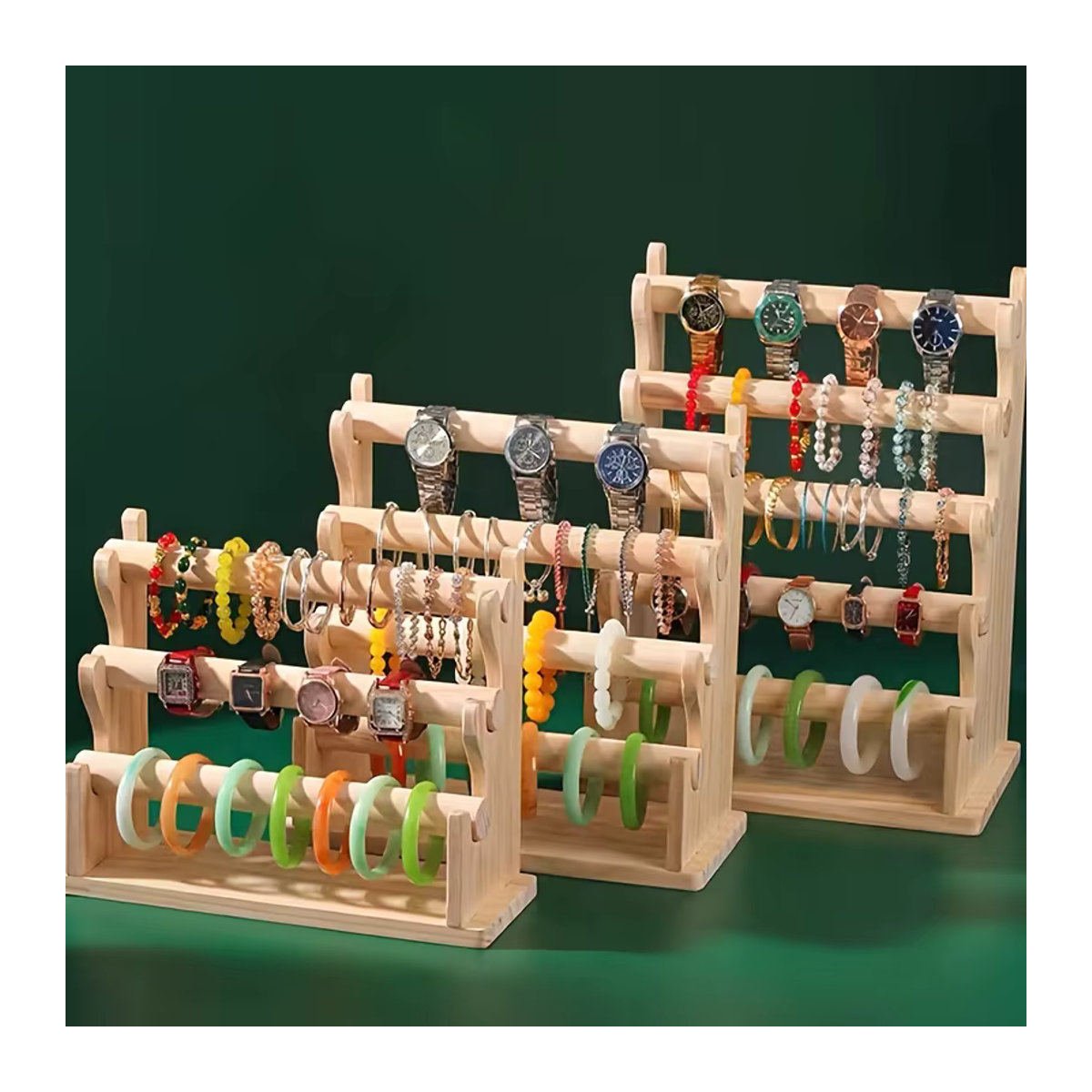Minimalistischer Schmuckdisplay aus Massivholz für Armbänder, Uhren und Ringe, stehend, Braun/Beige - Bild 2