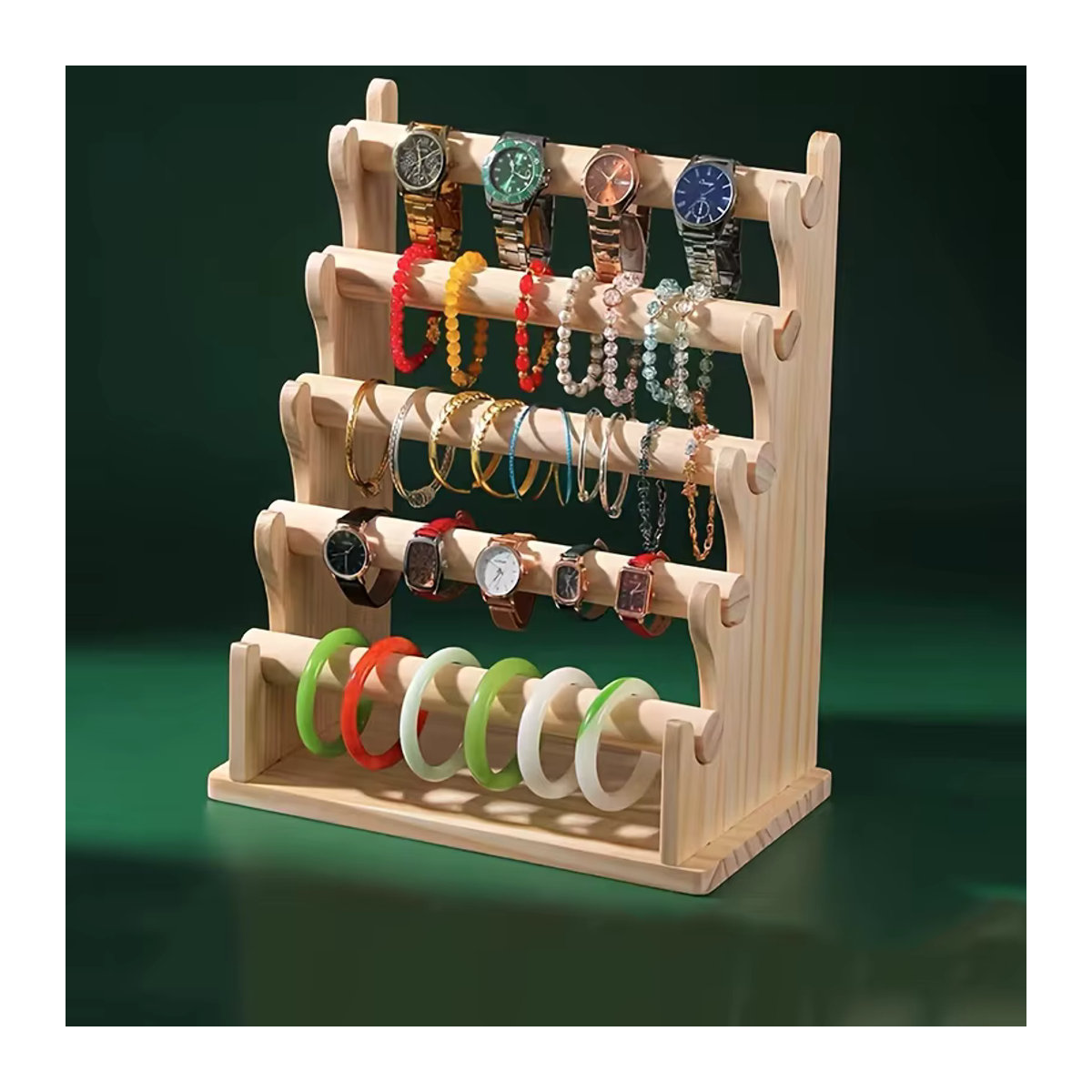 Minimalistischer Schmuckdisplay aus Massivholz für Armbänder, Uhren und Ringe, stehend, Braun/Beige - Bild 3