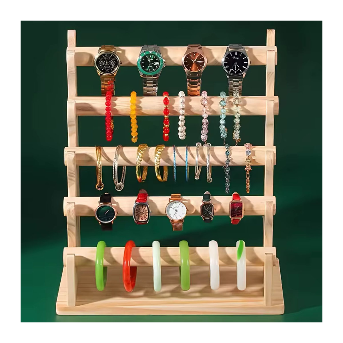 Minimalistischer Schmuckdisplay aus Massivholz für Armbänder, Uhren und Ringe, stehend, Braun/Beige - Bild 4