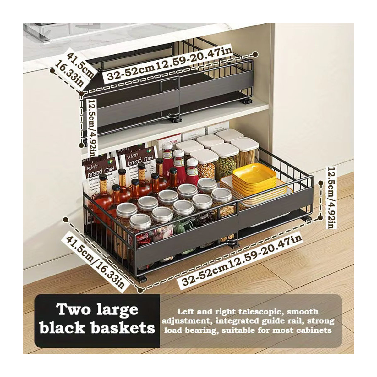 Minimalistischer Schrank in Schwarz mit verstellbaren Regalen und ausziehbaren Körben zur Aufbewahrung von Geschirr und Flaschen - Bild 4