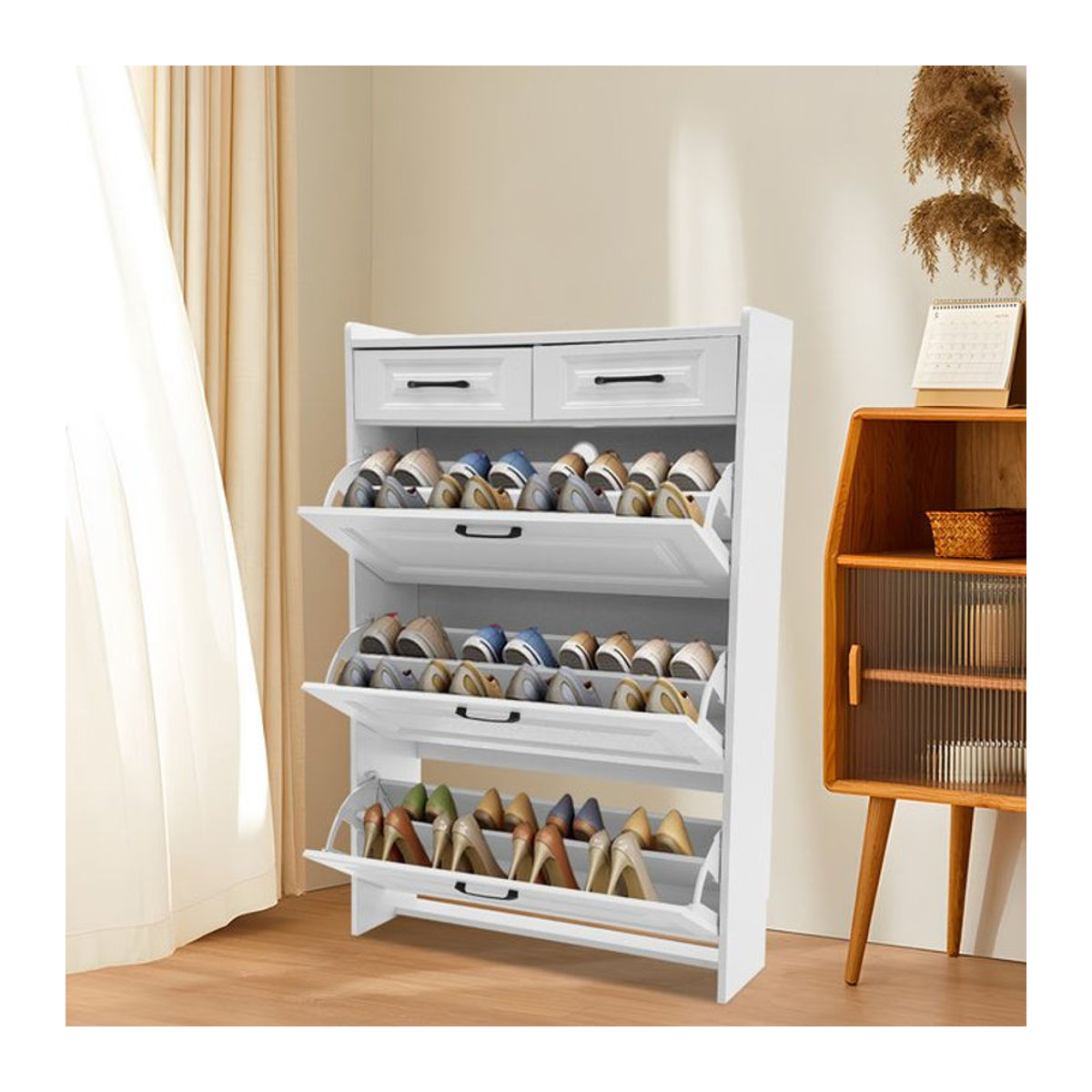 Minimalistischer Schuhschrank in Weiß mit 2 Schubladen und 3 Klappschubladen als platzsparender Schuh-Organizer - Bild 1