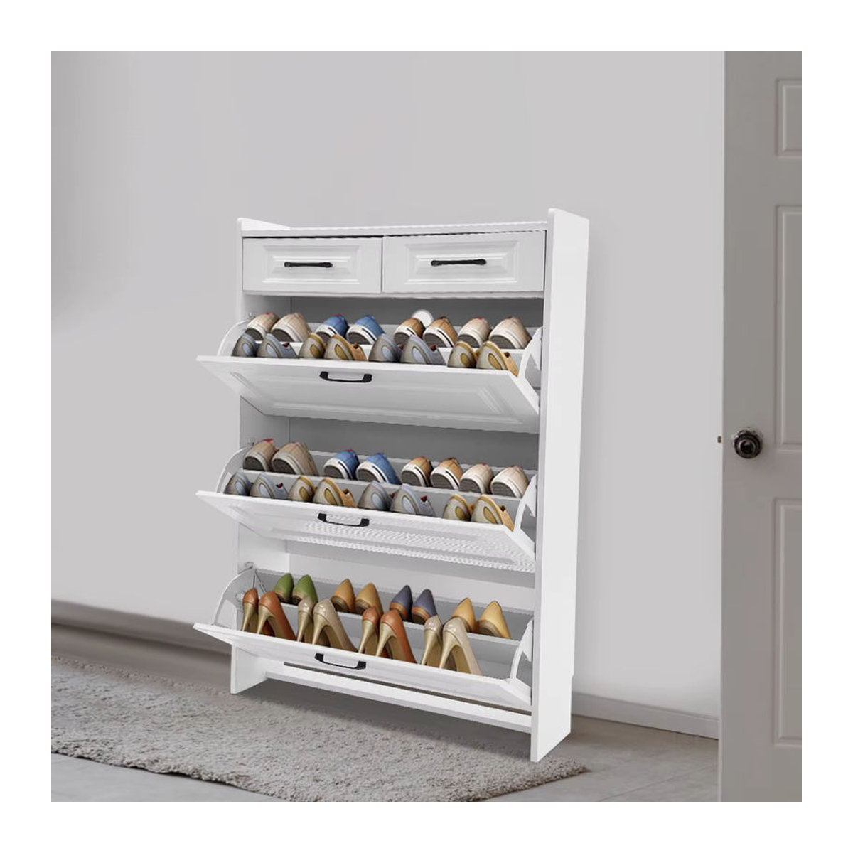 Minimalistischer Schuhschrank in Weiß mit 2 Schubladen und 3 Klappschubladen als platzsparender Schuh-Organizer - Bild 4