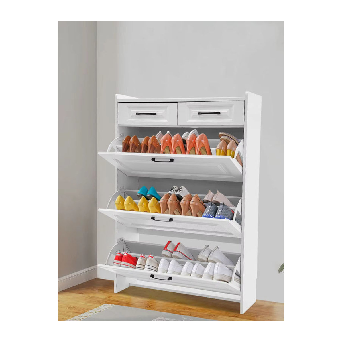 Minimalistischer Schuhschrank in Weiß mit 2 Schubladen und 3 Klappschubladen als platzsparender Schuh-Organizer - Bild 6