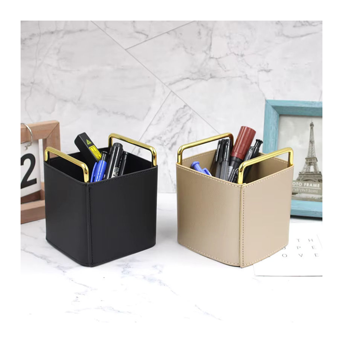 Minimalistischer Stifthalter aus Metall und Leder in Orange, rechteckiger Make-up-Organizer im nordischen Stil - Bild 2