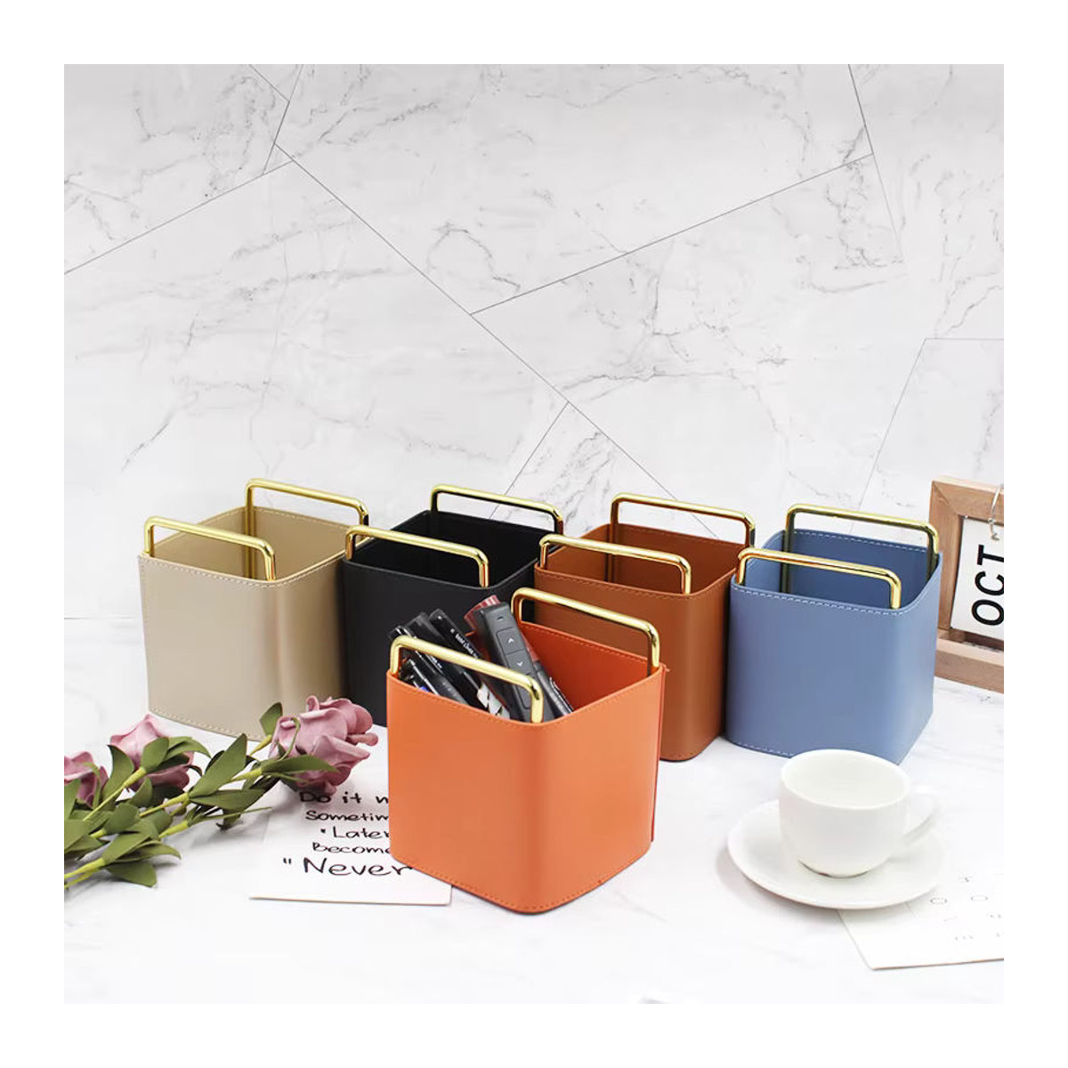 Minimalistischer Stifthalter aus Metall und Leder in Orange, rechteckiger Make-up-Organizer im nordischen Stil - Bild 3