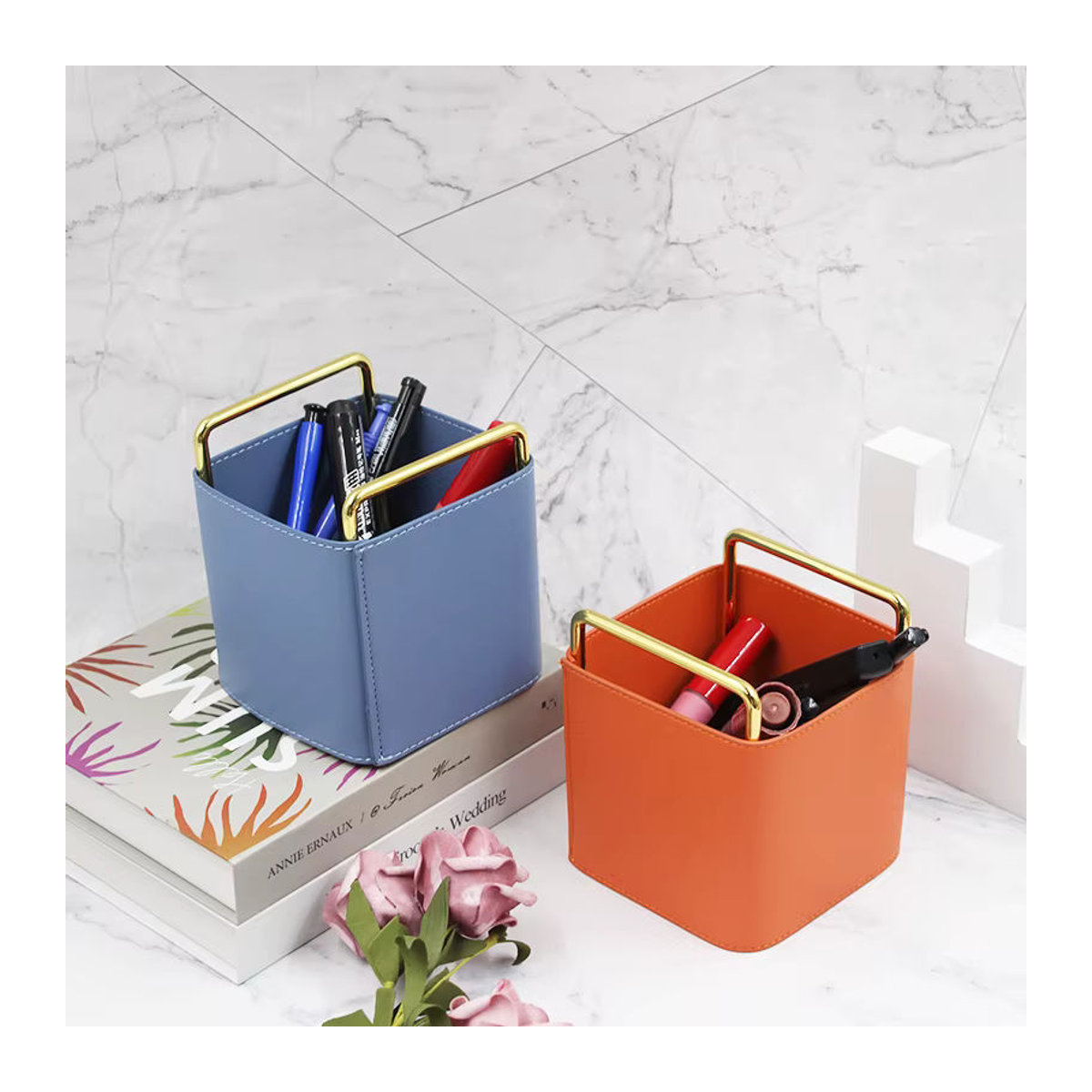 Minimalistischer Stifthalter aus Metall und Leder in Orange, rechteckiger Make-up-Organizer im nordischen Stil - Bild 4