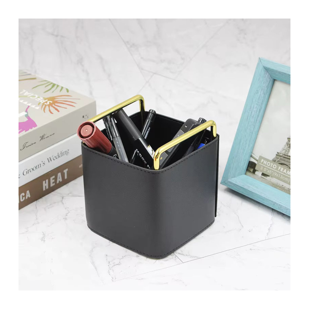Minimalistischer Stifthalter aus Metall und Leder in Orange, rechteckiger Make-up-Organizer im nordischen Stil - Bild 5